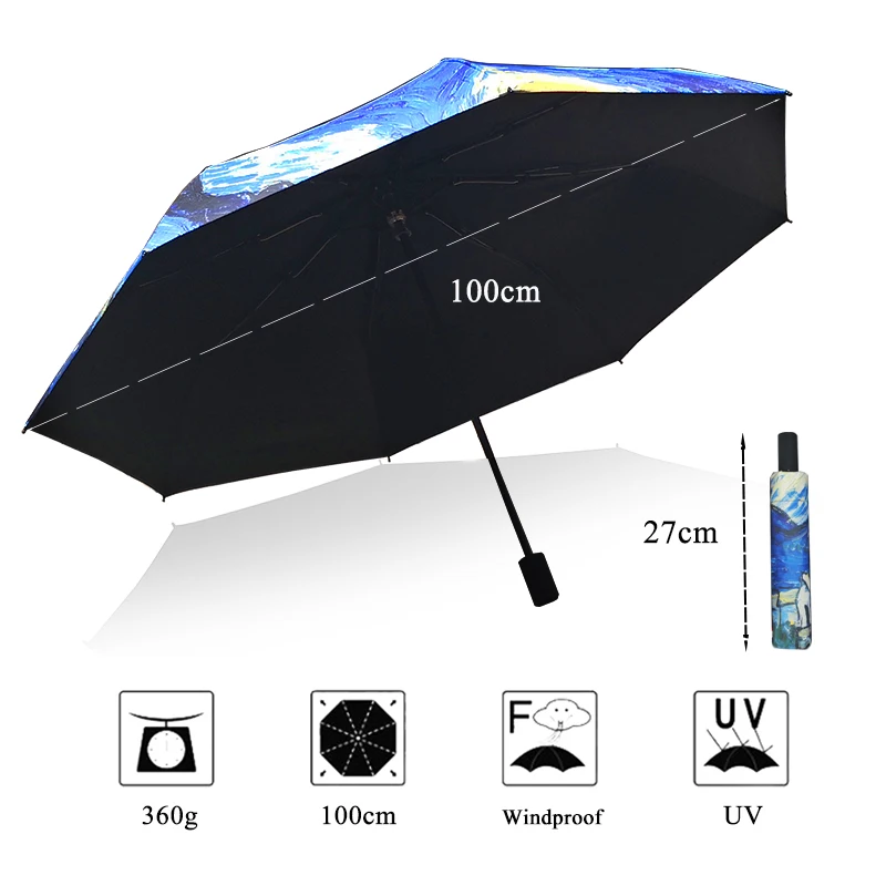 LIKE RAIN Folding Umbrella Female Van Gogh Painting Chinese Art Sakura Umbrellas Rain Women Windproof Anti-UV Sun Parasol