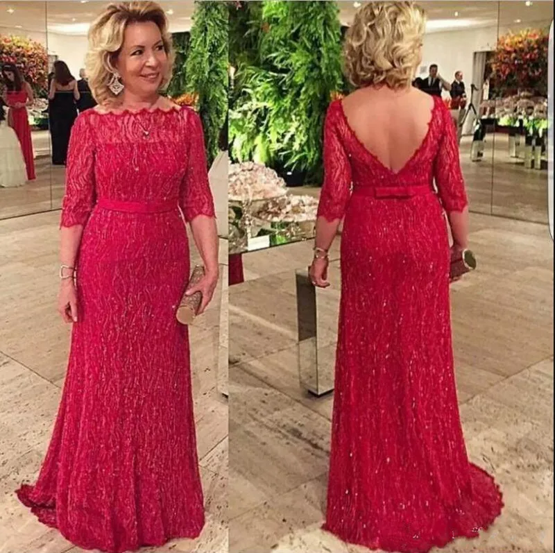 New Long Plus Size Red Full Lace Mother Of The Bride Groom Dresses with Belt Open Back Popular Evening Gowns Custom Made Vestido | Свадьбы и