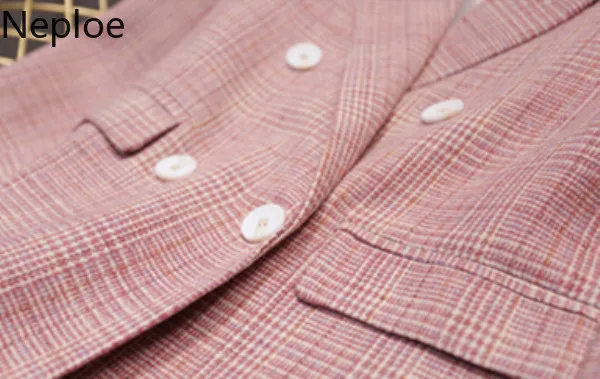 Neploe розовый клетчатый двубортный женский пиджак блейзер с зубчатым воротником офисный женский костюм длинное пальто весна осень 38961