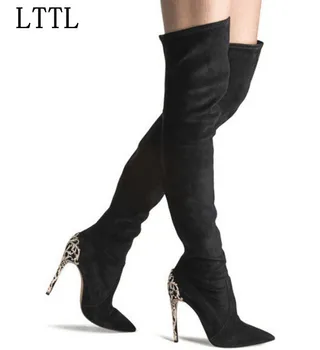 

LTTL Women Suede Elastic Boots Slim Thigh High Boots Knee High Boot Sexy Stiletto Heels Pointed Toe High Heels Boots Woman