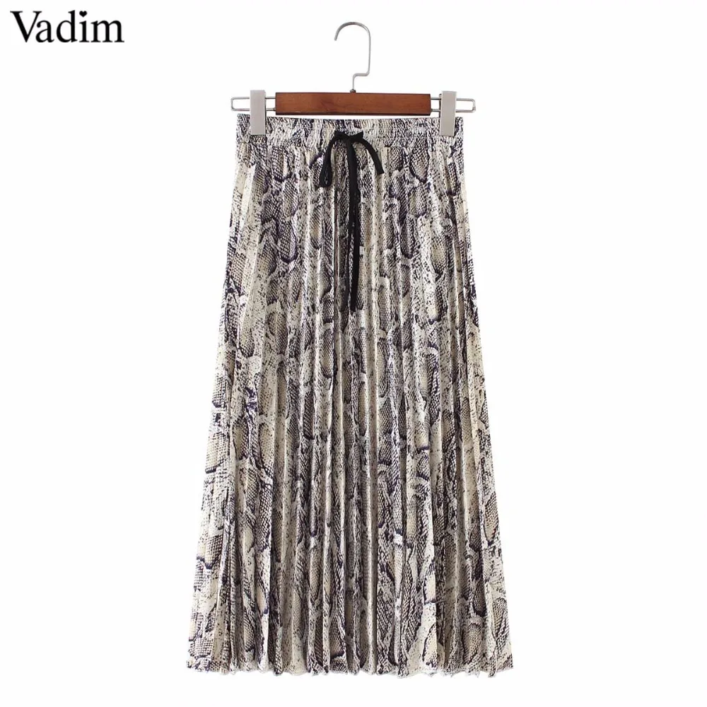 Vadim women stylish leopard print pleated skirt snake faldas mujer Drawstring tie elastic waist casual mid calf skirts BA108