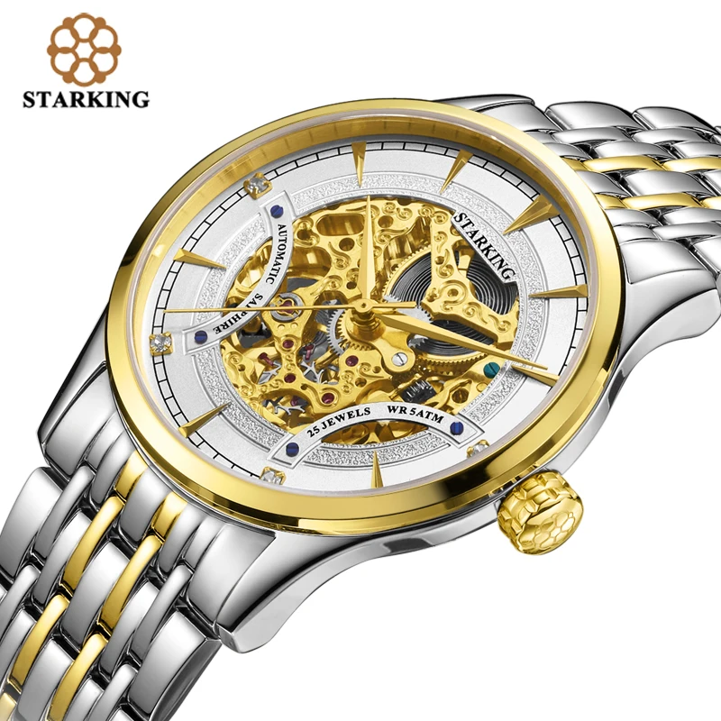 STARKING Men Skeleton Automatic Mechanical Fashion Luxury Brand Stainless Steel 50m Water Resistant Black Gold Wristwatch AM0185