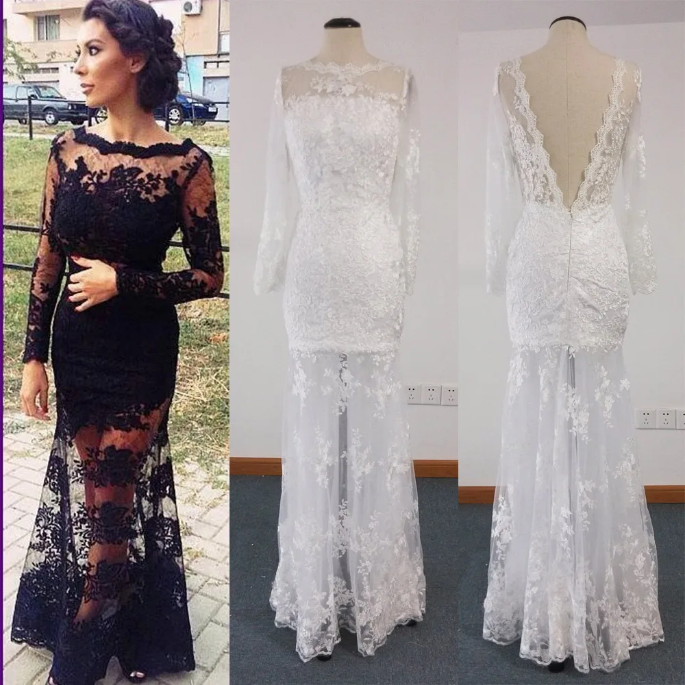 

2014 Vestidos Lace Appliqued Real Illusion Long Sleeve Black Prom Dresses V Back