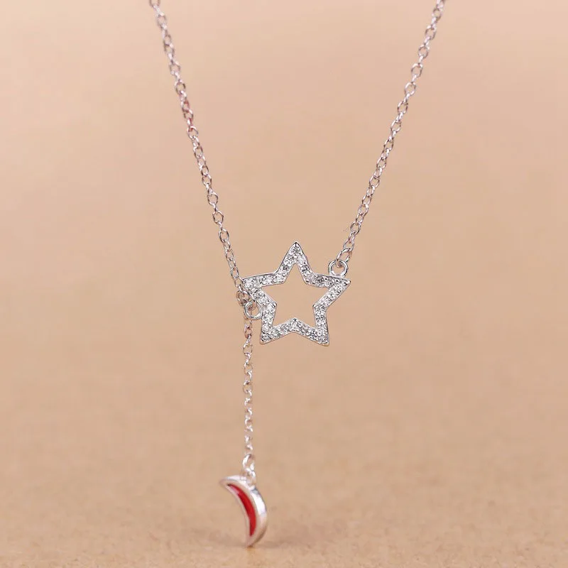 

Casual CZ Hollow Star Crescent Moon 925 Sterling Silver Necklace
