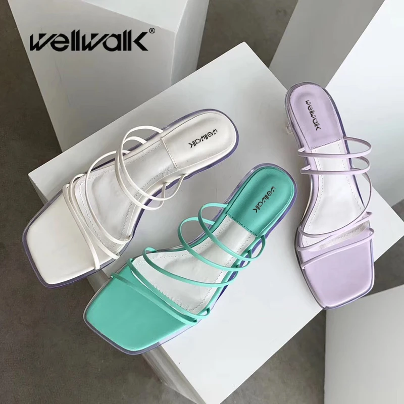 

Wellwalk Cross Straps Slippers Women Classis Design Sandals Ladies Crystal Heel Sliders Square Toe Female Summer Dress Shoes