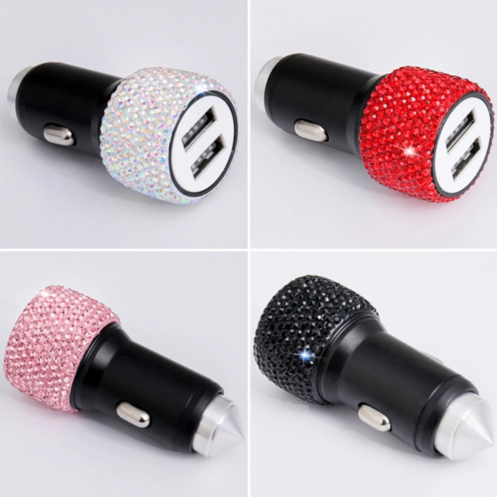 هدية شاحن سيارة ثنائي USB شحن سريعة سبائك الألومنيوم العالمي الساطع حجر الراين دائم مؤشر LED ل هاتف تابلت