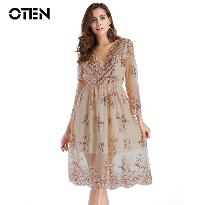

OTEN V neck long sleeve sequin party dresses women Sexy mesh streetwear casual midi dress female 2017 autumn dress vestido