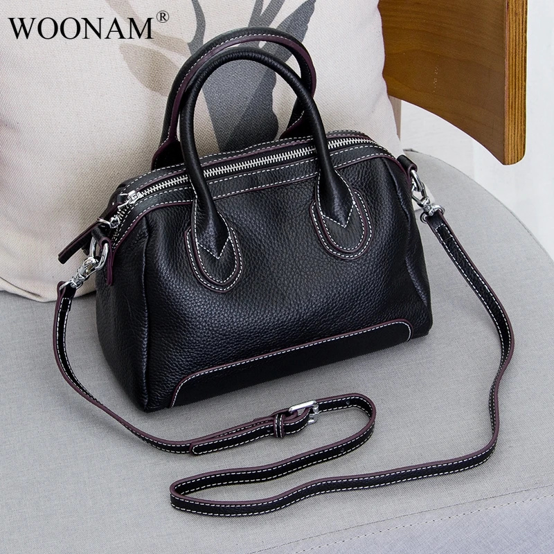 

WOONAM Women Designer Fashion Handbag Top Hide Grained Genuine Calf Leather Top Handle Boston Shoulder Bag WB917