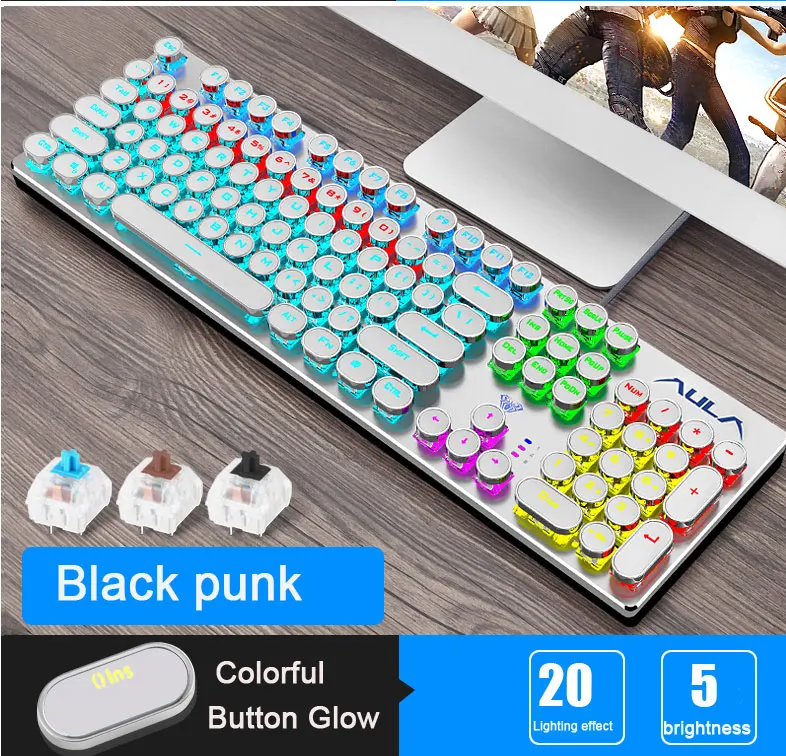 Игровая механическая клавиатура с подсветкой, синий/черный переключатель, металлическая панель, круглая Ретро клавиатура, USB компьютерная периферийная система для настольного ноутбука