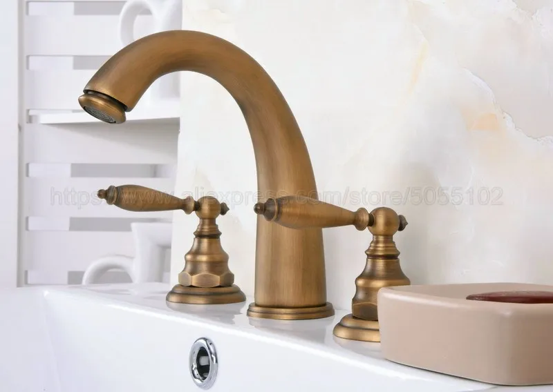 Antique Brass Widespread Bathroom Basin Faucet Dual Handle 3 Holes Basin Mixer Sink Taps Deck Mounted zan076