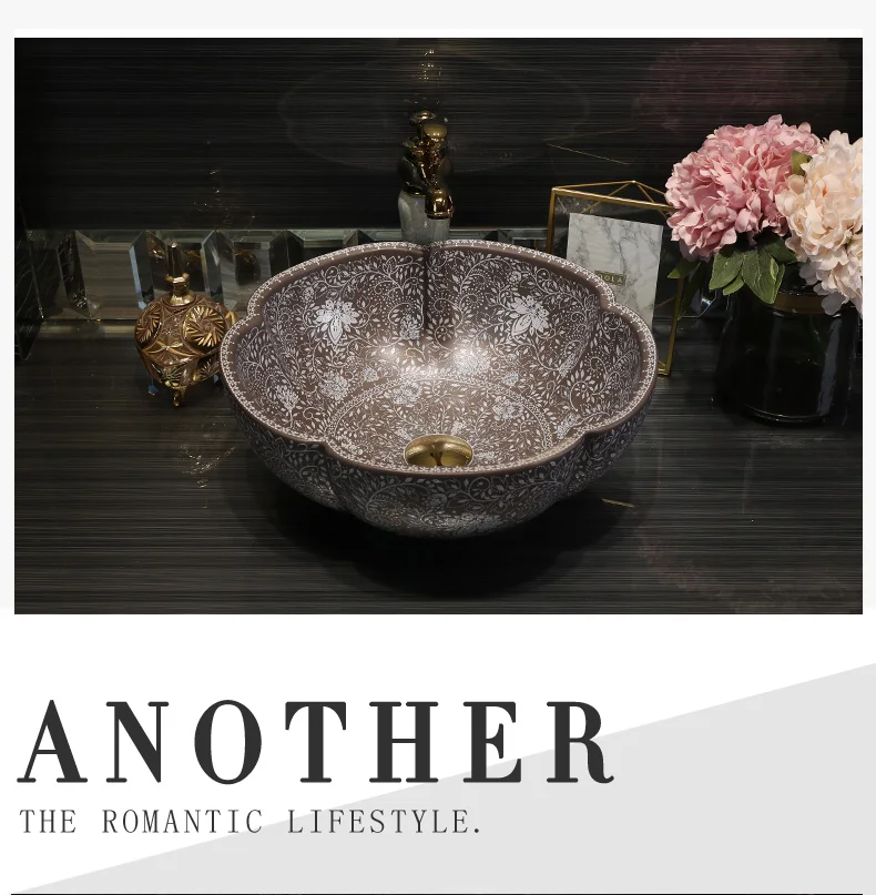 Jingdezhen factory directly art hand painted ceramic counter top washbasin bathroom sinks wash basin flower shape (14)