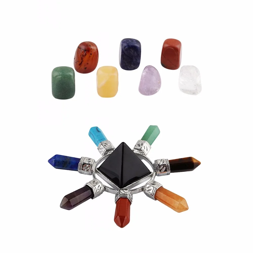SUNYIK 7 Chakra Stones Pyramid Point Energy Generator Healing Crystal Set for Reiki Meditation Jewelry Packaging