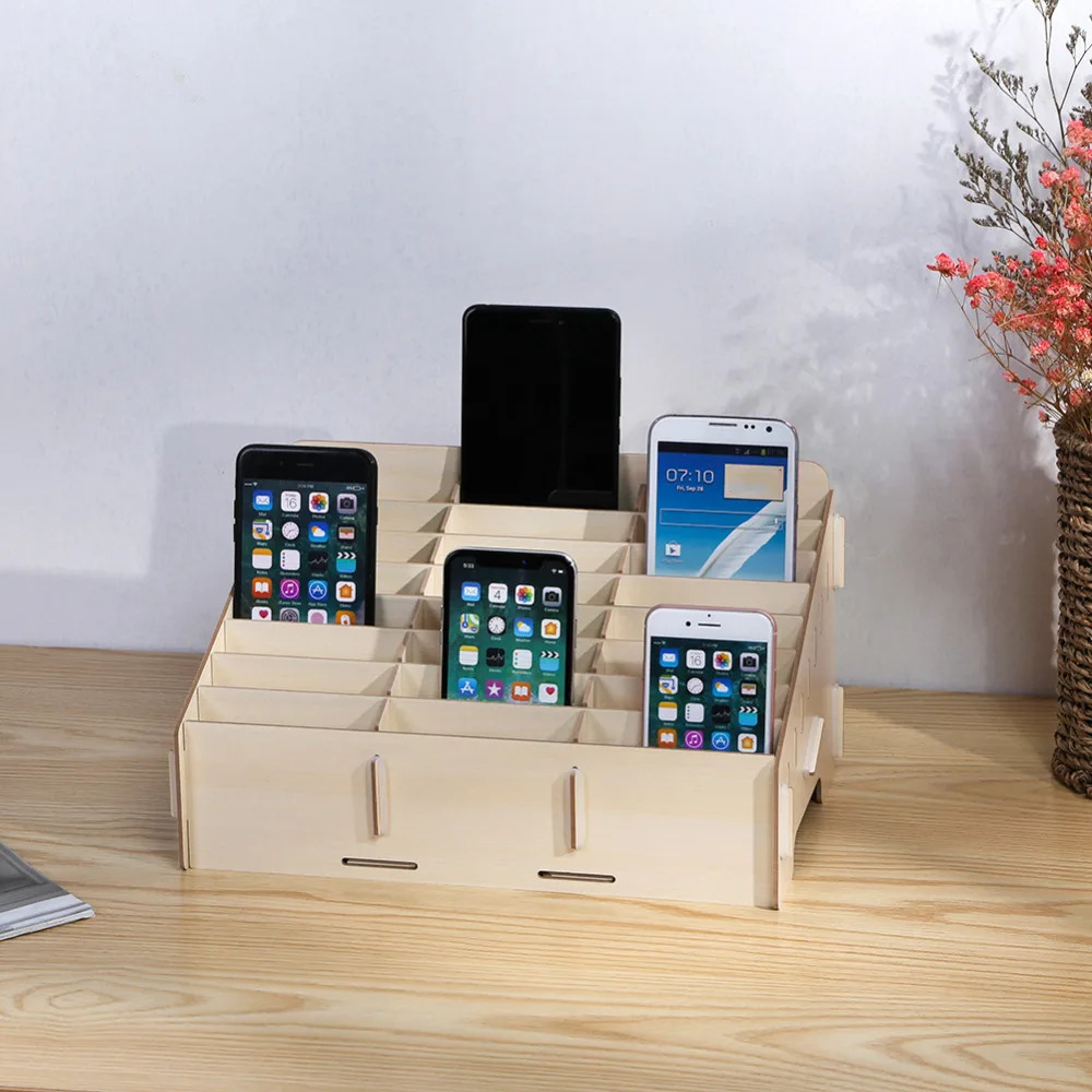 

24 Lattices Wooden Mobile Phone Management Storage Box Creative Office Desktop Grid Cell Phone Rack Shop Display