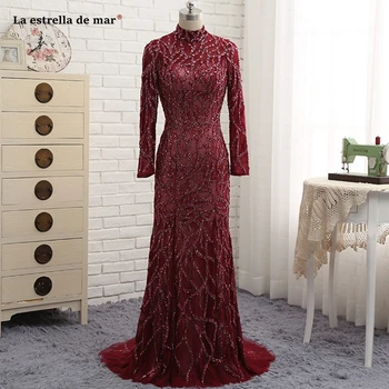 شراءرداء De Soiree 2021 جديد برقبة عالية دانتيل كريستال كم طويل ظهر مفتوح عنابي مثير حورية البحر فساتين سهرة فستان حفلات طويل فاخر