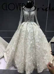 CloverBridal дорогой достойный цвета слоновой кости Иллюзия одежда с длинным рукавом Пол Длина камни жемчуг цветы роскошные свадебное платье 2019