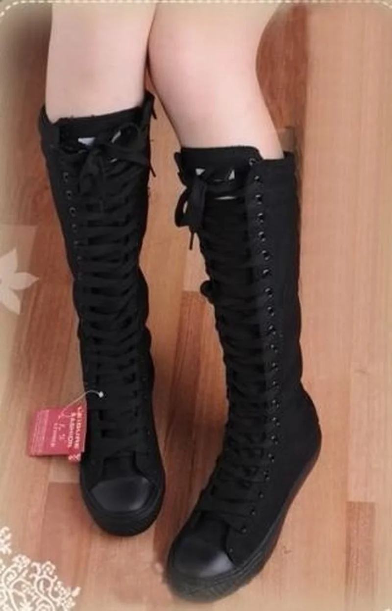 

Lady Girl Punk Gothic EMO Canvas High-top Knee Boots Women Lace Up Sneaker Shoes