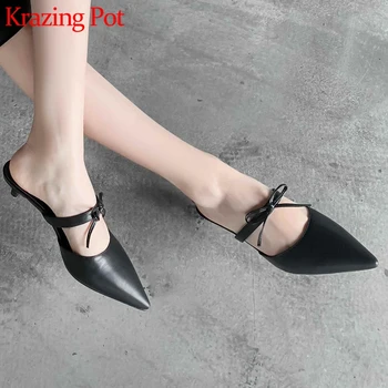 

Krazing Pot genuine leather British vintage design stiletto low heel metal decoration party mules women bowtie concise pumps L20