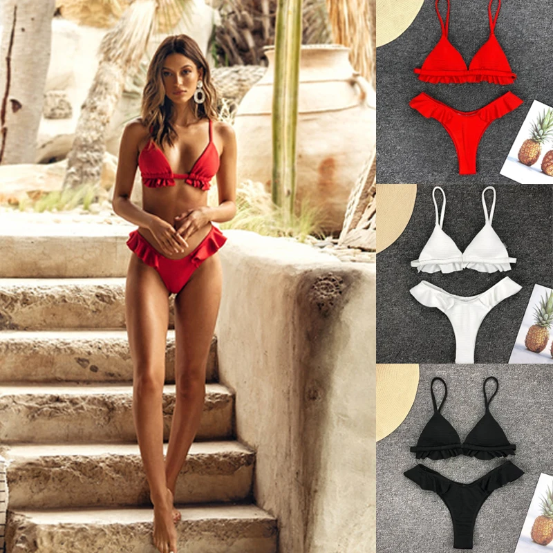 

red bikini set women ruffle swimwear ladies' beach wear sling bikiny bathing suits 2019 sexy swimsuit bandeau swimsuit brazilian