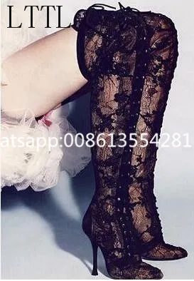 Newest Arrival Over The Knee Sexy Pointed Toe Lace Summer High Thin Heels Fashion Women Most Fashionable Black Lace Boot Sandals