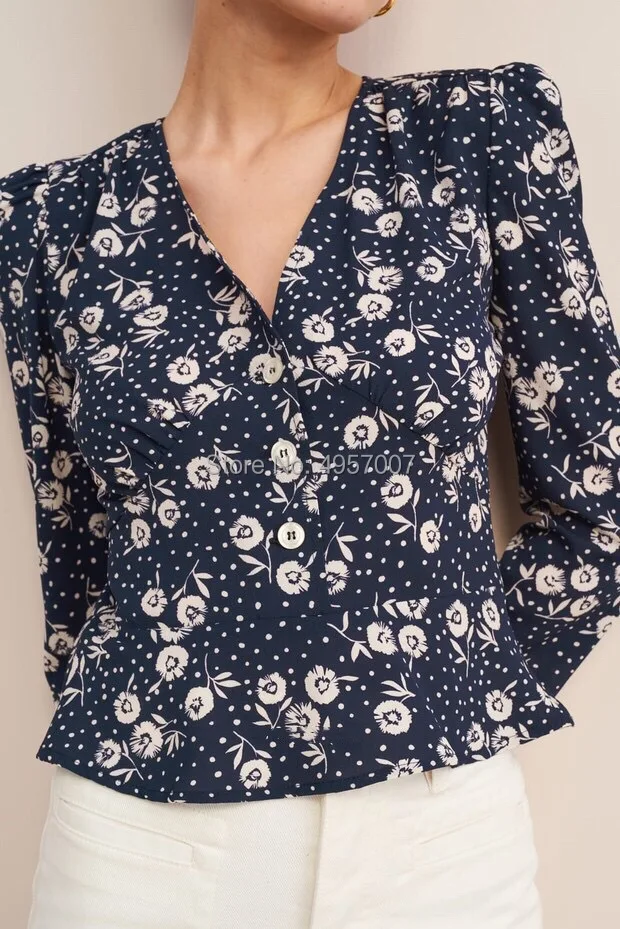 

Viscose V Neck Puff Sleeve Printing Blouse Top With Buttoed Detail