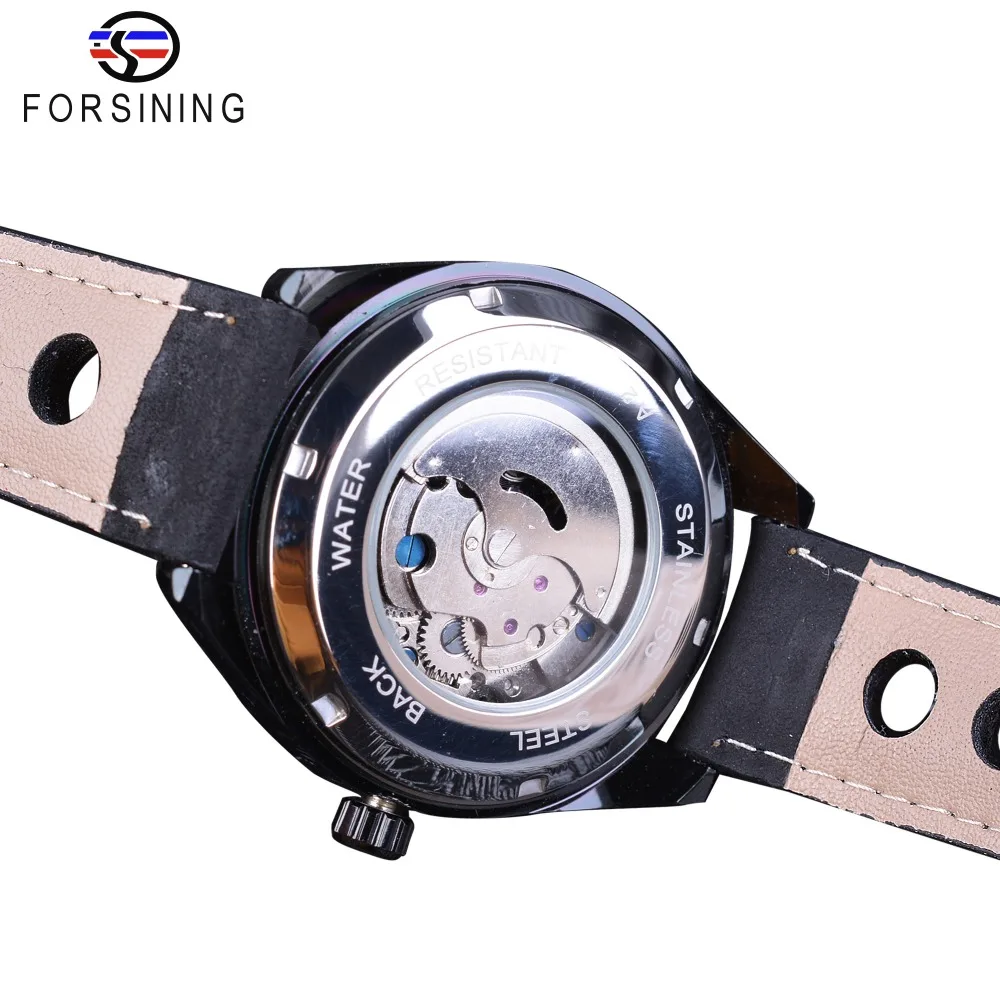 Мужские часы Forsining Blue Hardlex прозрачные автоматические из стекла и кожи черного