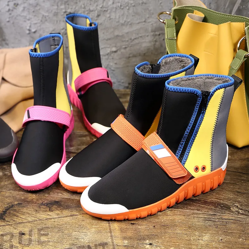 

Women Winter Ankle Boots Fashion Patchwork Round Toe Flats Casual Shoes Runway Genuine Leather Boots High Quality Pumps Shoes