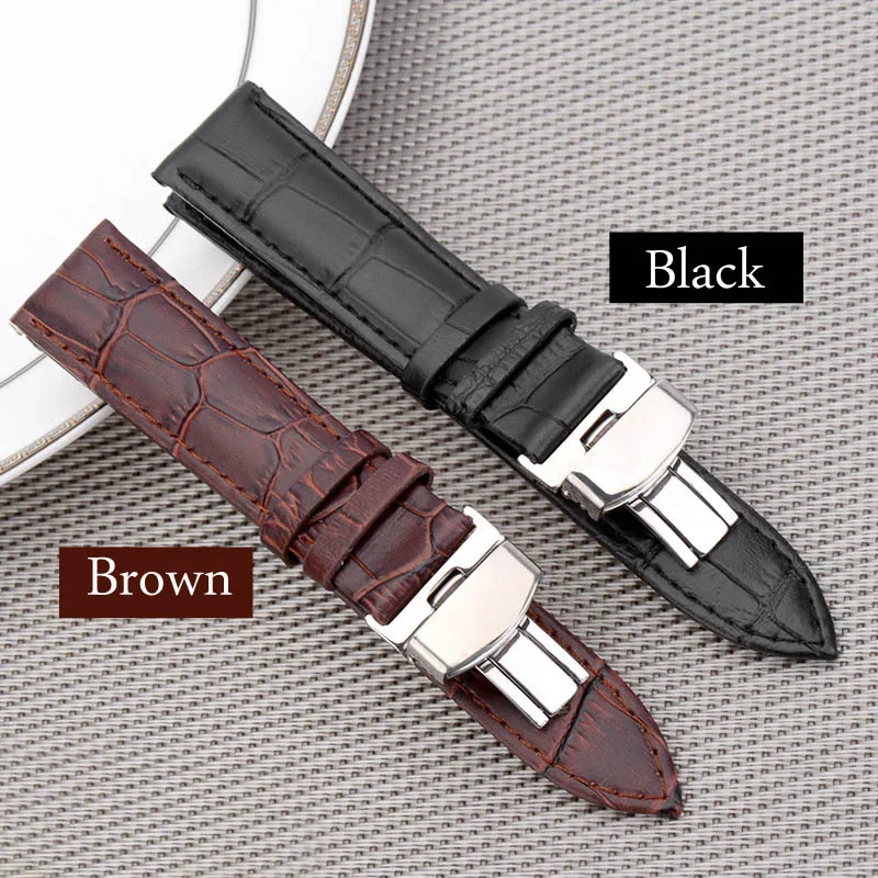 Watch Band Strap Butterfly Pattern Genuine Leather Deployant Buckle Bracelet Brown Black Watchbands 18-24mm Watch Band Strap Butterfly Pattern Genuine Leather Deployant Buckle Bracelet Brown Black Watchbands 18-24mm