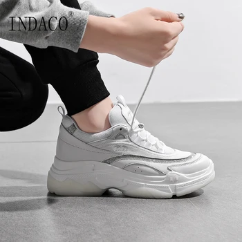 

Travel Sneakers Women 2019 New Spring White Shoes Breathable 6cm Lace Up Leather Casual Shoes