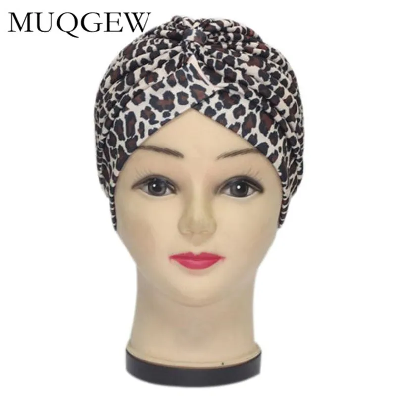 

Pleated Stretchable Polyester Bathing Leopard print Turban Hat Head Cover Sun Cap beanie Head Wrap Cap