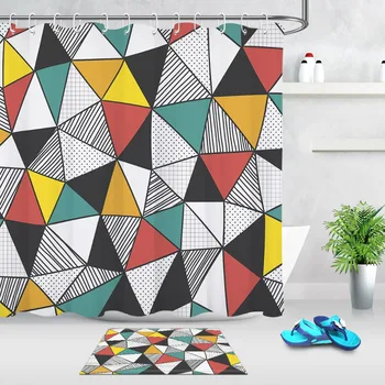 

LB Geometric Mosaic Shower Curtain Set with Rug Stripes Dots Bathroom Waterproof Eco-Friendly Polyester Fabric For Bathtub Decor
