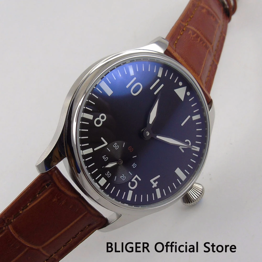 

Casual 44MM Black Sterile Dial Polished Case Brown Leather Strap Luminous Marks 17 Jewels 6498 Hand Winding Movement Men's Watch