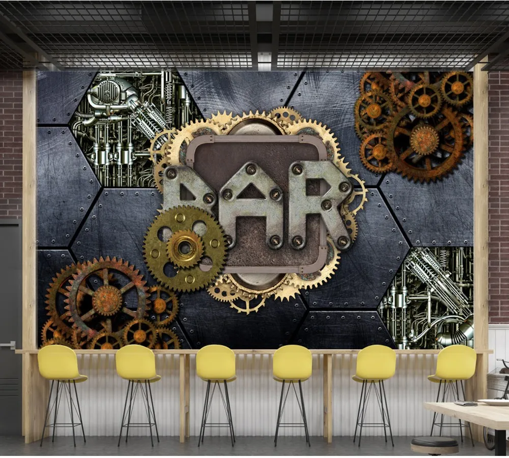 

Free Shipping Custom 3d Mural Wallpaper Retro Vintage Industrial Style Gear Iron Bar KTV Background Wallpaper Painting Deco