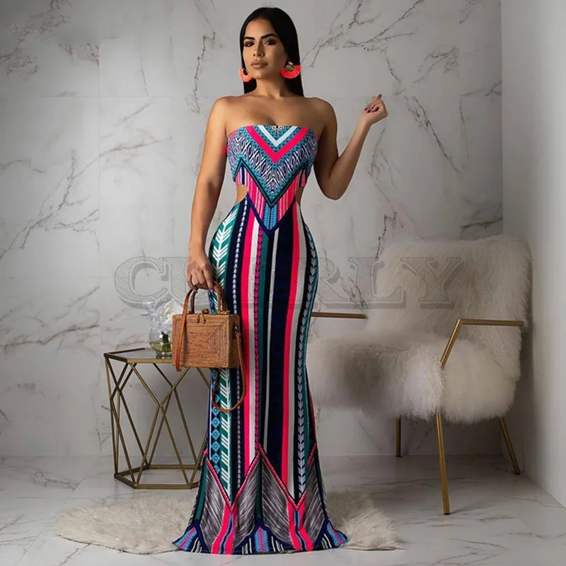 Image Waist Band Cut Out Bohemian Dresses Women CUERLY Striped Print Strapless Beach Dress Summer Sleeveless Open Back Bandage Dres