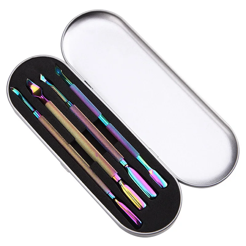 

MSHARE 4 Pcs Stainless Steel Cuticle Pusher Set Nails Tools Dual-ended Remover Rainbow Manicure Nail Art 4 Patterns