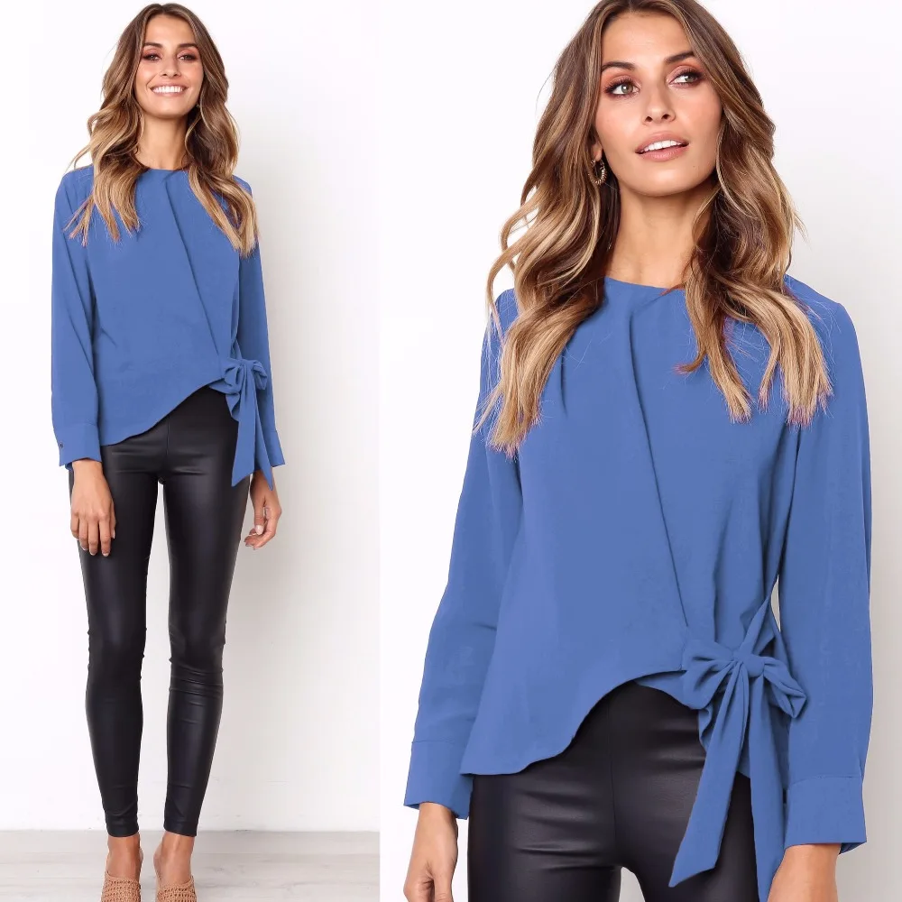 SINFEEL Women Casual Solid Long Sleeve Blouse Shirt Bow Tie Work Office OL Elegant Tops Female blusas chemise femme plus size