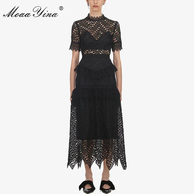 

MoaaYina Spring Summer New arrive Women's Black Lace short Sleeve Dress high quality