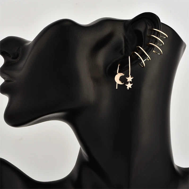 

HOT 7PCS/Set Moon Star Ear Clips Women 2018 New Golden Circle Hoop Earring Gifts