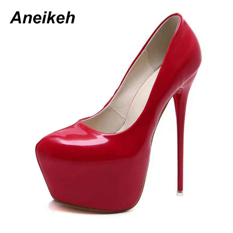 

Aneikeh 2018 Fashion Ultra High Heels Women Shoes Patent Leather Platform Heels Slip-On Round Toe Sexy Wedding Nightclub Party