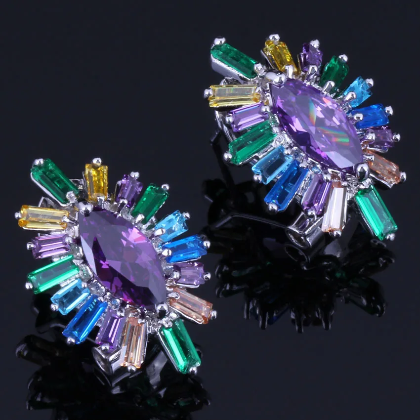 Серьги-кольца Jolly Marquise многоцветные посеребренные с фиолетовым кубическим