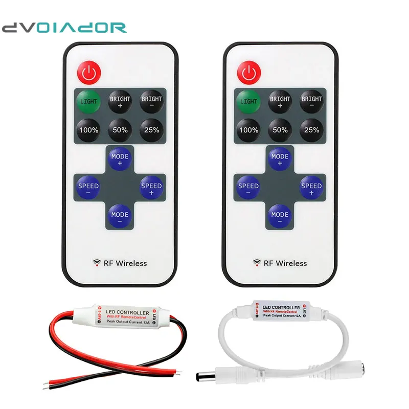 

DVOLADOR DC 5V-24V 11-key RF Mini Wireless Remote Controller with DC Connector for Single Color 3528 5050 LED Strip Lights