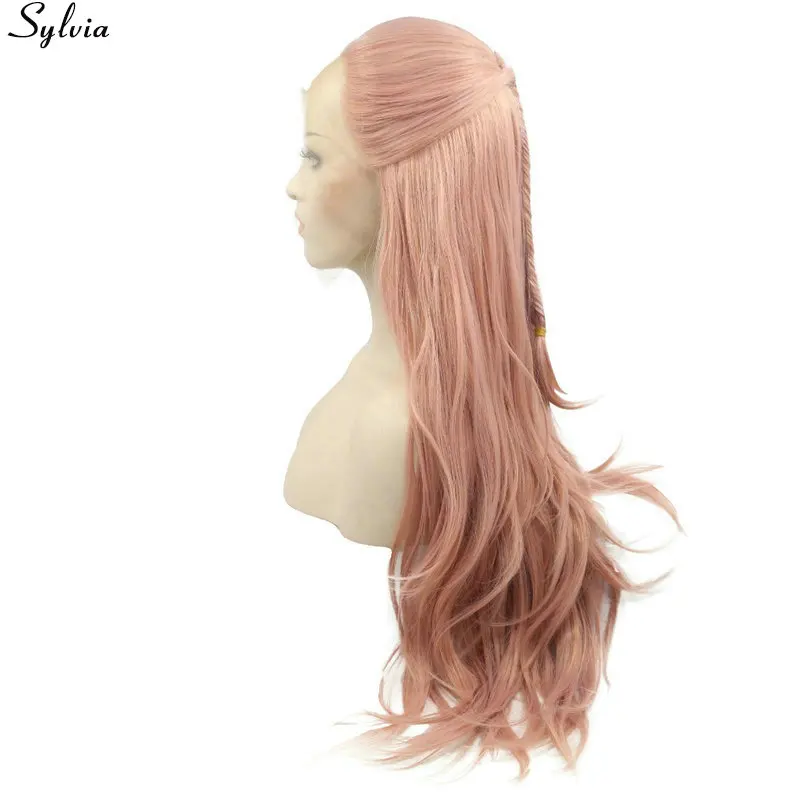 

Sylvia Rose Gold Pastel Pink Natural Wave with Fishtail Braided Wigs Heat Resistant Hair Synthetic Lace Front Wig Free Hairstyle
