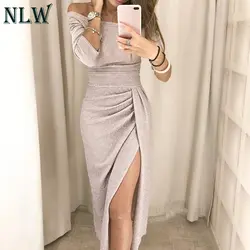 NLW женское Вечерние вечернее длинное платье Vestidos Bodycon раздельное сексуальное платье с открытыми плечами элегантное платье с блестками