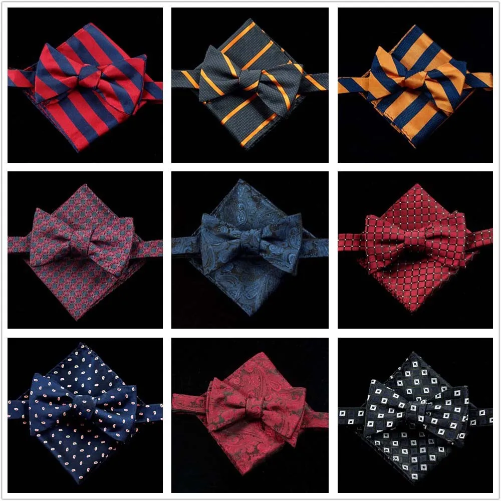 Для мужчин лук галстук Красочные Пейсли Bow Tie Бизнес свадебные с бантиком в горошек Лук галстуки с платком для жениха Вечерние аксессуары