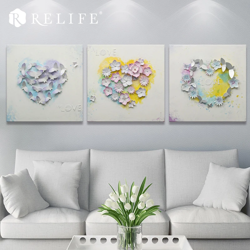 

100% Handmde Heart Oil Triptych Painting Room Decoration Nordic Pictures for Living Room on the Wall