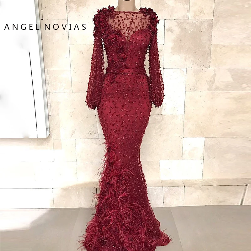 

Long Sleeves Burgundy Mermaid Evening Dresses 2019 with Feather Moroccan Kaftan Formal Prom Gown Robe Longue Soiree Dentelle