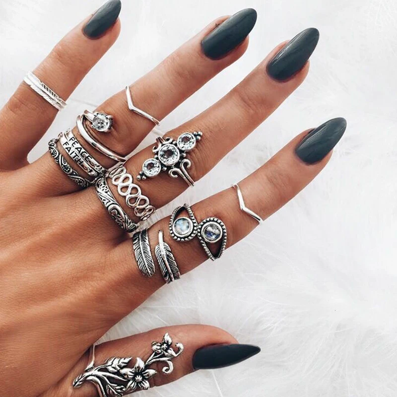 

13 Pcs/Set Bohemian Mosaic Crystal Gem Silver Water Drop Leaf Flower Letter Opening Ring Female Charm Joint Ring Set Combination