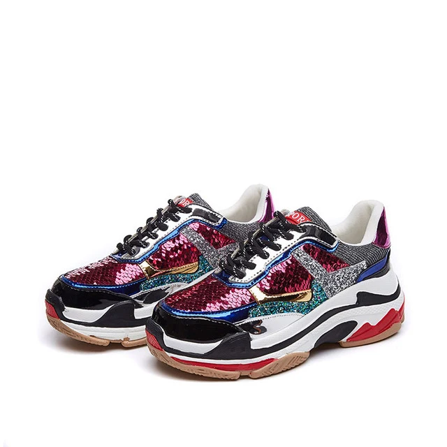 

2019 New Dropshpping Shoes Women Sneakers Glitter Breathable Cross-tied Sequins Ladies Platform Walking Traniers Shoes Blings