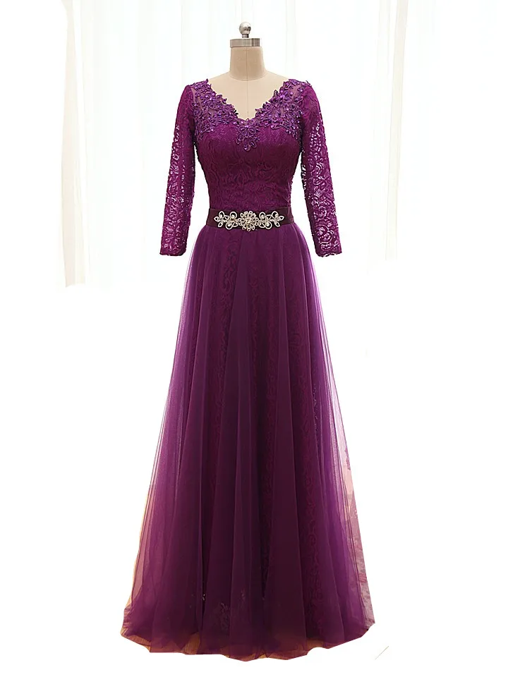 MDBRIDAL Tulle Lace Modest Party Dress A line Purple Bridesmaid Dresses