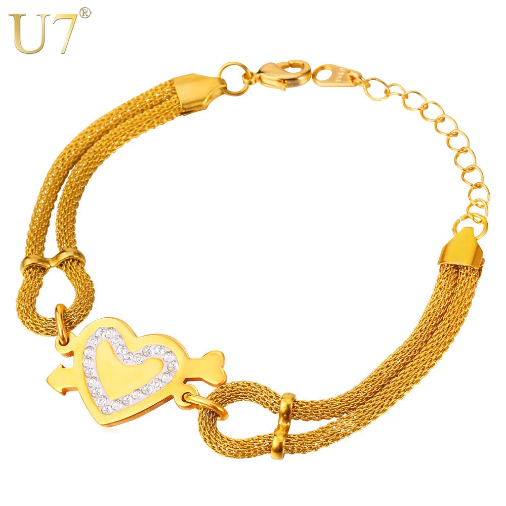 U7 Love Heart Bracelet For Women Fashion Jewelry Gold Color Crystal Stainless Steel Bracelet