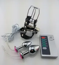 Multi function electric shock set dual anal plug electro stimulation leather chastity cage metal butt medical themed sex toys